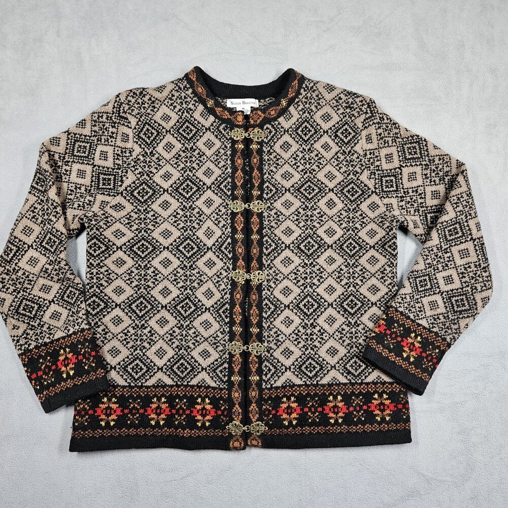 Susan Bristol Cardigan Womens M 100%‎ Wool Brown Black Western Nordic Sweater